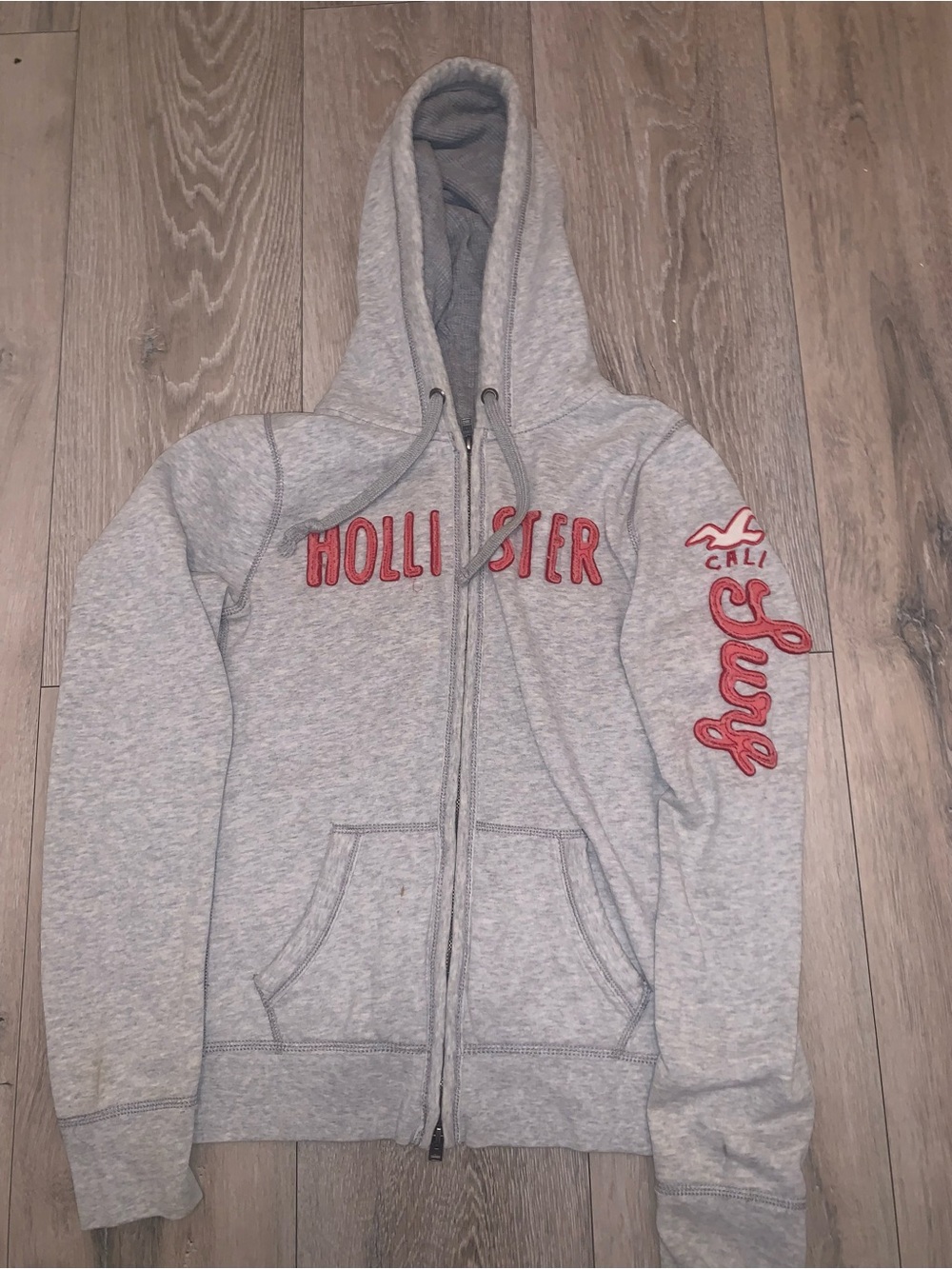Vintage Hollister Cali Surf Gray Full Zip-Up Hoodie with Red Logo Size: Large